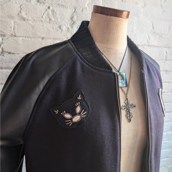 Y2K Vintage Wool Varsity Jacket Faux Leather Bomber Knit Utility Letterman Large - Picture 3 of 12